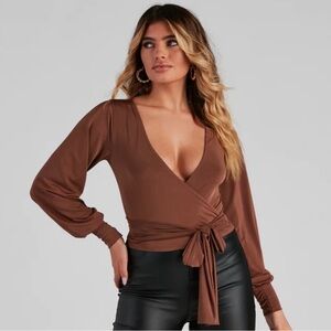Y2K 90’s Retro Whimsygoth Mocha Mousse Bishop Sleeves Faux Wrap Top Size M